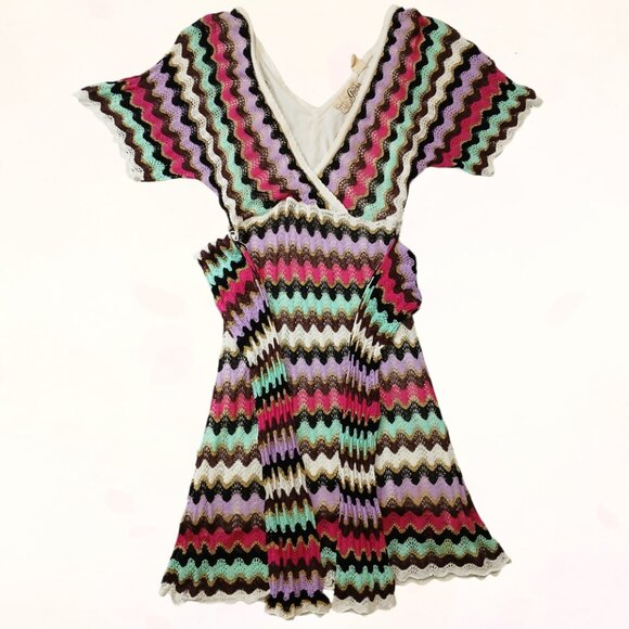 Guess Vintage Zig Zag Stretchy Metallic Gold Knit Fabric Belt Mini Dress Size S - Picture 13 of 16